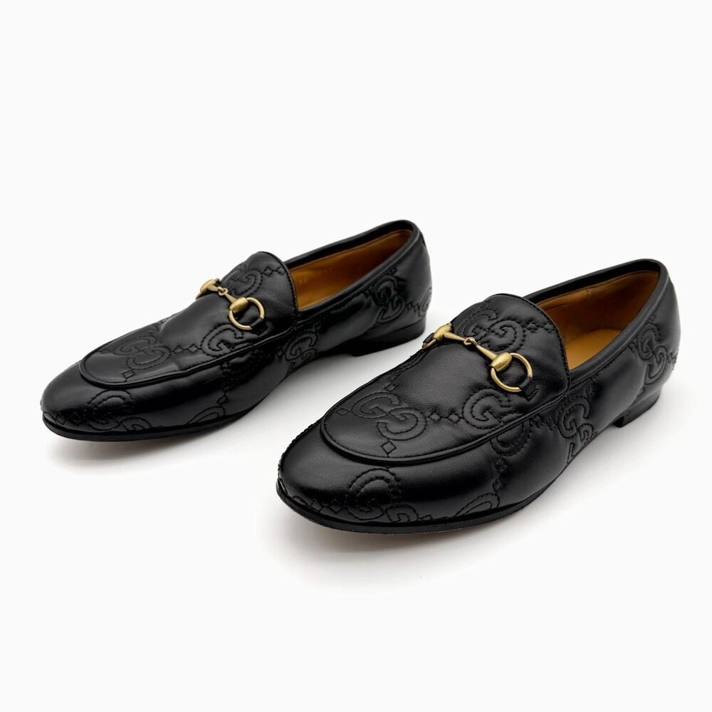 GUCCI Black Embossed Jumbo GG Leather Horsebit Jordaan Loafer Size 38 Flat - Picture 14 of 14